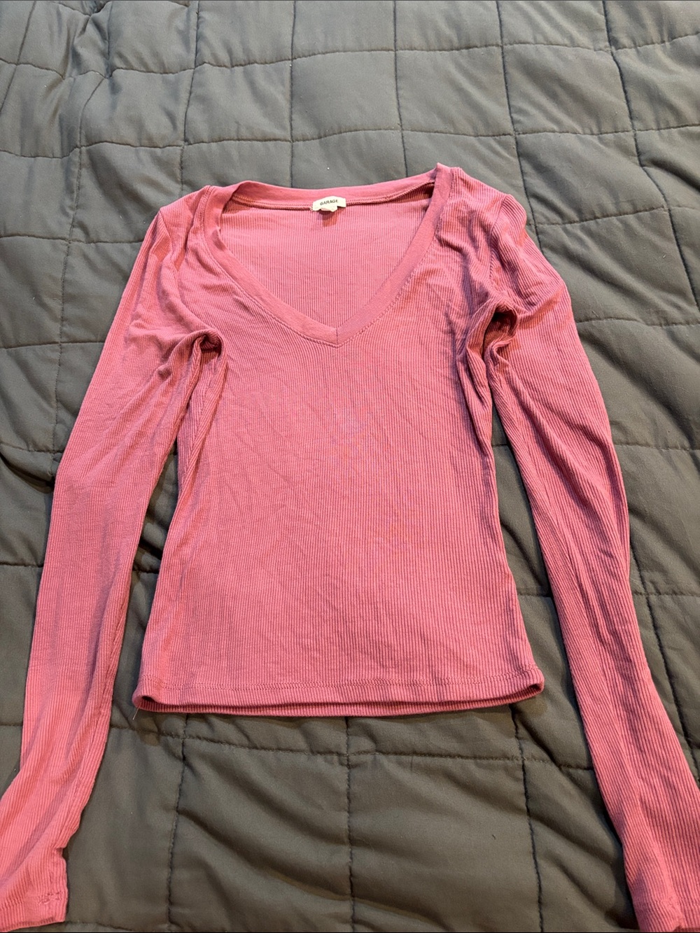 Garage Pink Ribbed V-Neck Long Sleeve Top